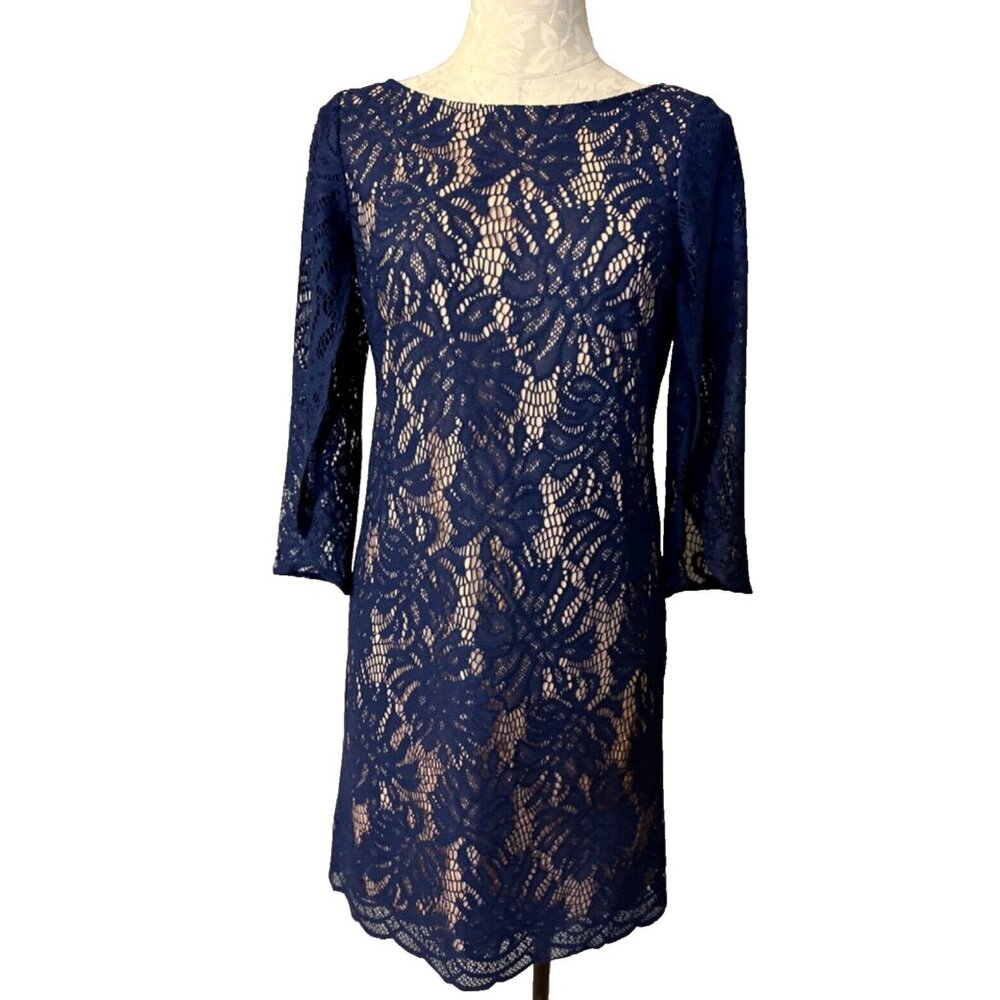 Lilly Pulitzer Dress S Small Blue Stretch 3/4 Sleeve Shift V Back Party Cruise - Picture 2 of 7